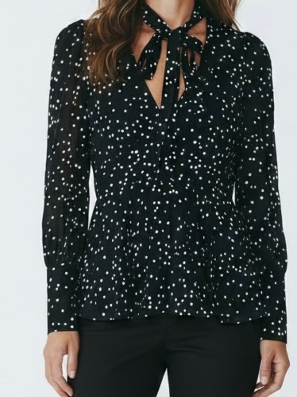 Zimmermann Black White PolkaDot Neck Tie Peplum Gold Tone Button Blouse sz 0/US4